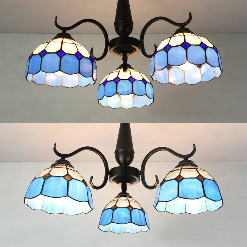 Industrial Vintage Dome Shape Semi Flush Mount Stained Glass 3 Lights Ceiling Light Fixture with Rhombus/Magnolia/Wire Mesh/Elk/Yellow/Diamond/Blue Square/Sky Blue Square/Sky Blue Pattern Clearhalo 'Ceiling Lights' 'Close To Ceiling Lights' 'Close to ceiling' 'Glass shade' 'Glass' 'Semi-flushmount' 'Tiffany close to ceiling' 'Tiffany' Lighting' 26572