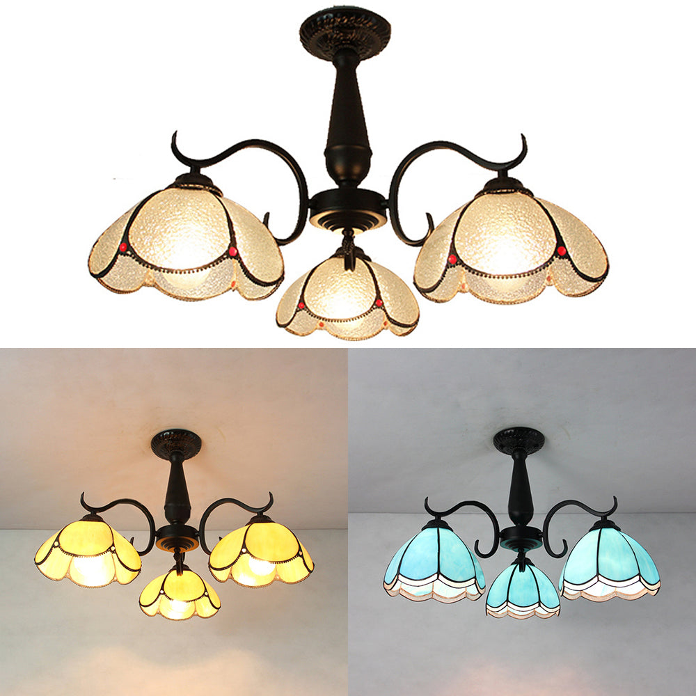 Industrial Vintage Dome Shape Semi Flush Mount Stained Glass 3 Lights Ceiling Light Fixture with Rhombus/Magnolia/Wire Mesh/Elk/Yellow/Diamond/Blue Square/Sky Blue Square/Sky Blue Pattern Clearhalo 'Ceiling Lights' 'Close To Ceiling Lights' 'Close to ceiling' 'Glass shade' 'Glass' 'Semi-flushmount' 'Tiffany close to ceiling' 'Tiffany' Lighting' 26575