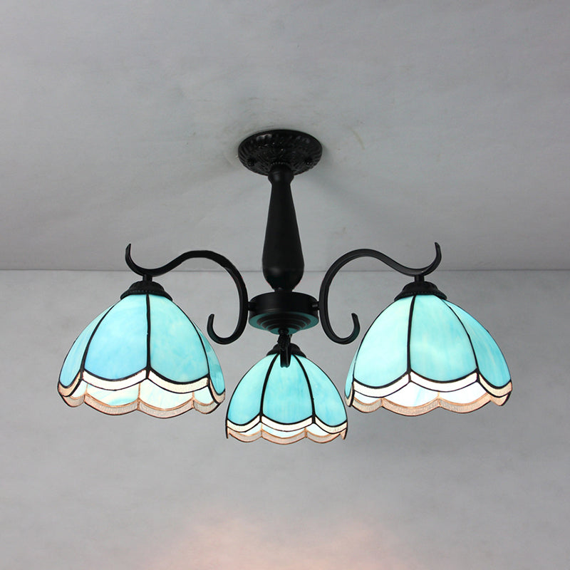 Industrial Vintage Dome Shape Semi Flush Mount Stained Glass 3 Lights Ceiling Light Fixture with Rhombus/Magnolia/Wire Mesh/Elk/Yellow/Diamond/Blue Square/Sky Blue Square/Sky Blue Pattern Black Sky Blue Clearhalo 'Ceiling Lights' 'Close To Ceiling Lights' 'Close to ceiling' 'Glass shade' 'Glass' 'Semi-flushmount' 'Tiffany close to ceiling' 'Tiffany' Lighting' 26576