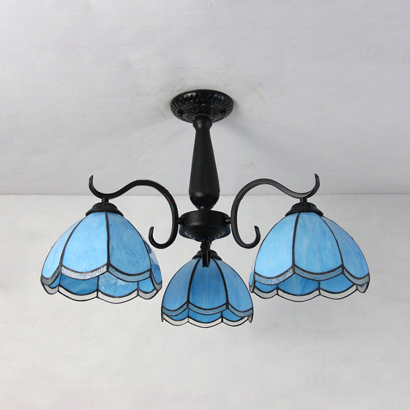 Industrial Vintage Dome Shape Semi Flush Mount Stained Glass 3 Lights Ceiling Light Fixture with Rhombus/Magnolia/Wire Mesh/Elk/Yellow/Diamond/Blue Square/Sky Blue Square/Sky Blue Pattern Clearhalo 'Ceiling Lights' 'Close To Ceiling Lights' 'Close to ceiling' 'Glass shade' 'Glass' 'Semi-flushmount' 'Tiffany close to ceiling' 'Tiffany' Lighting' 26577