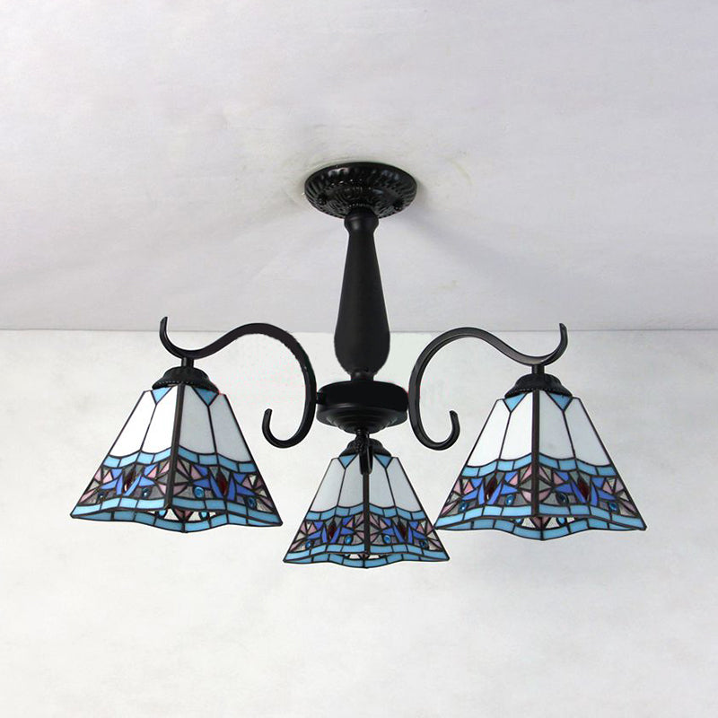 Industrial Vintage Dome Shape Semi Flush Mount Stained Glass 3 Lights Ceiling Light Fixture with Rhombus/Magnolia/Wire Mesh/Elk/Yellow/Diamond/Blue Square/Sky Blue Square/Sky Blue Pattern Clearhalo 'Ceiling Lights' 'Close To Ceiling Lights' 'Close to ceiling' 'Glass shade' 'Glass' 'Semi-flushmount' 'Tiffany close to ceiling' 'Tiffany' Lighting' 26585