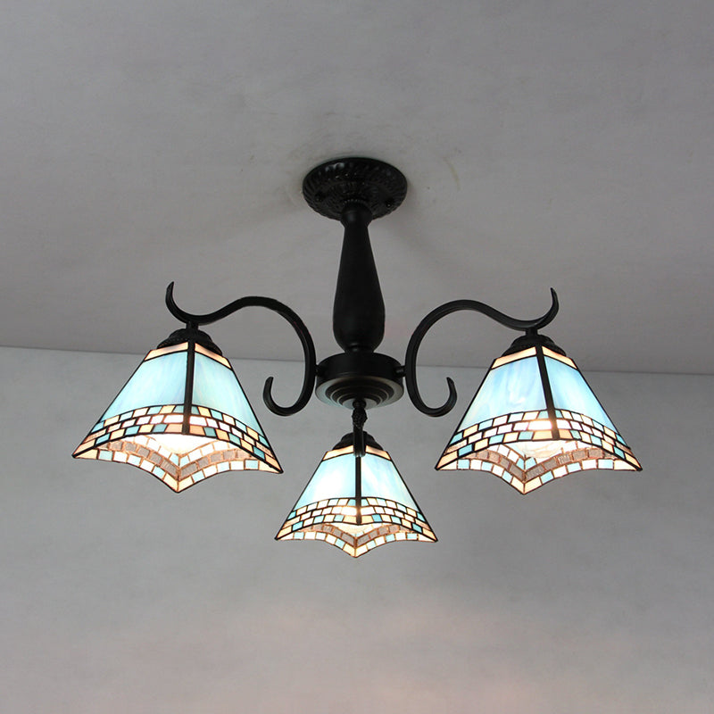 Industrial Vintage Dome Shape Semi Flush Mount Stained Glass 3 Lights Ceiling Light Fixture with Rhombus/Magnolia/Wire Mesh/Elk/Yellow/Diamond/Blue Square/Sky Blue Square/Sky Blue Pattern Black Rhombus Clearhalo 'Ceiling Lights' 'Close To Ceiling Lights' 'Close to ceiling' 'Glass shade' 'Glass' 'Semi-flushmount' 'Tiffany close to ceiling' 'Tiffany' Lighting' 26586
