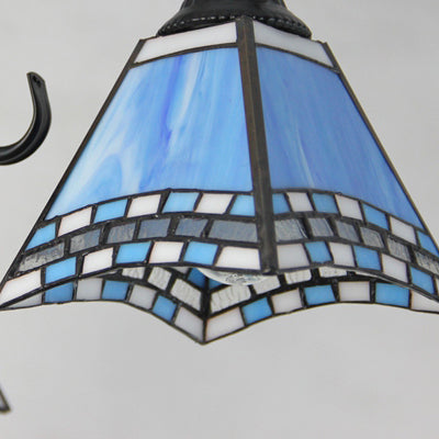 Industrial Vintage Dome Shape Semi Flush Mount Stained Glass 3 Lights Ceiling Light Fixture with Rhombus/Magnolia/Wire Mesh/Elk/Yellow/Diamond/Blue Square/Sky Blue Square/Sky Blue Pattern Clearhalo 'Ceiling Lights' 'Close To Ceiling Lights' 'Close to ceiling' 'Glass shade' 'Glass' 'Semi-flushmount' 'Tiffany close to ceiling' 'Tiffany' Lighting' 26587