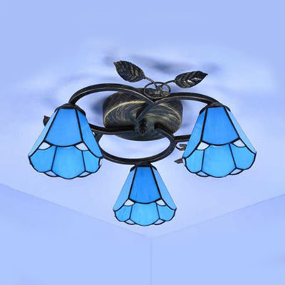 Geometric Ceiling Light Fixture with Pattern Tiffany Stained Glass 3 Lights Flushmount Ceiling Light in Bronze Clearhalo 'Ceiling Lights' 'Close To Ceiling Lights' 'Close to ceiling' 'Glass shade' 'Glass' 'Semi-flushmount' 'Tiffany close to ceiling' 'Tiffany' Lighting' 26661