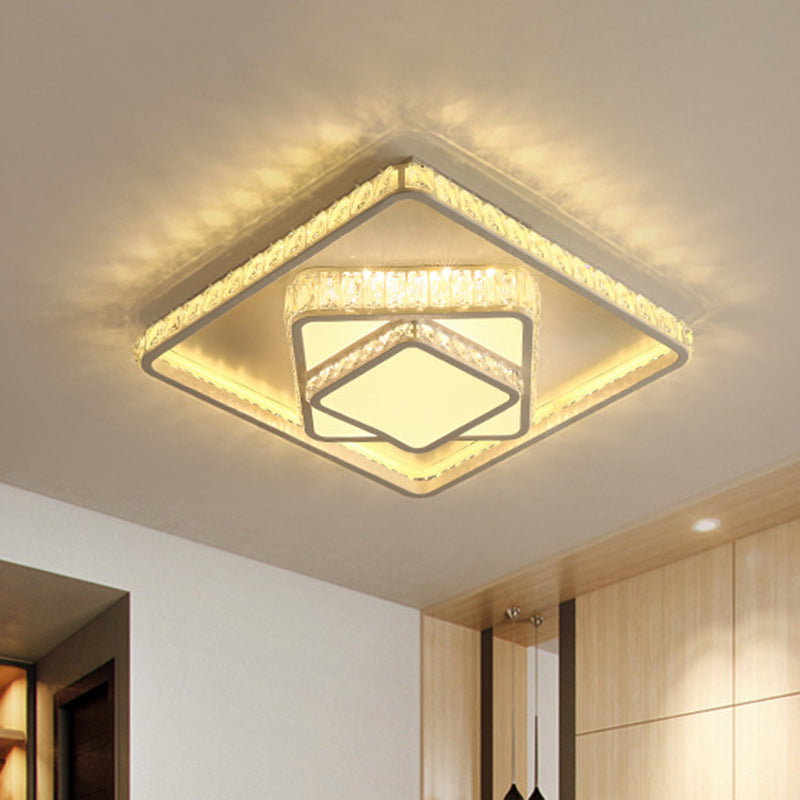 White Rectangle/Square Ceiling Light Minimalist Faceted Crystal White 19.5"/23.5" W LED Flush Mount Light Fixture in White/3 Color/Remote Control Stepless Dimming Light Clearhalo 'Ceiling Lights' 'Close To Ceiling Lights' 'Close to ceiling' 'Flush mount' Lighting' 266615
