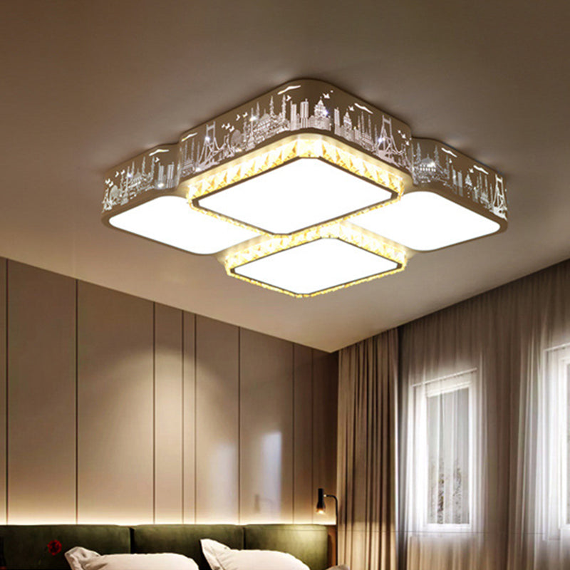 Modern K9 Crystal LED Ceiling Light White Rectangle/Square Flush Mounted Light with Acrylic Shade in Warm Light/White Light/Remote Control Stepless Dimming, 21.5"/37.5" Wide White 21.5" Clearhalo 'Ceiling Lights' 'Close To Ceiling Lights' 'Close to ceiling' 'Flush mount' Lighting' 266672