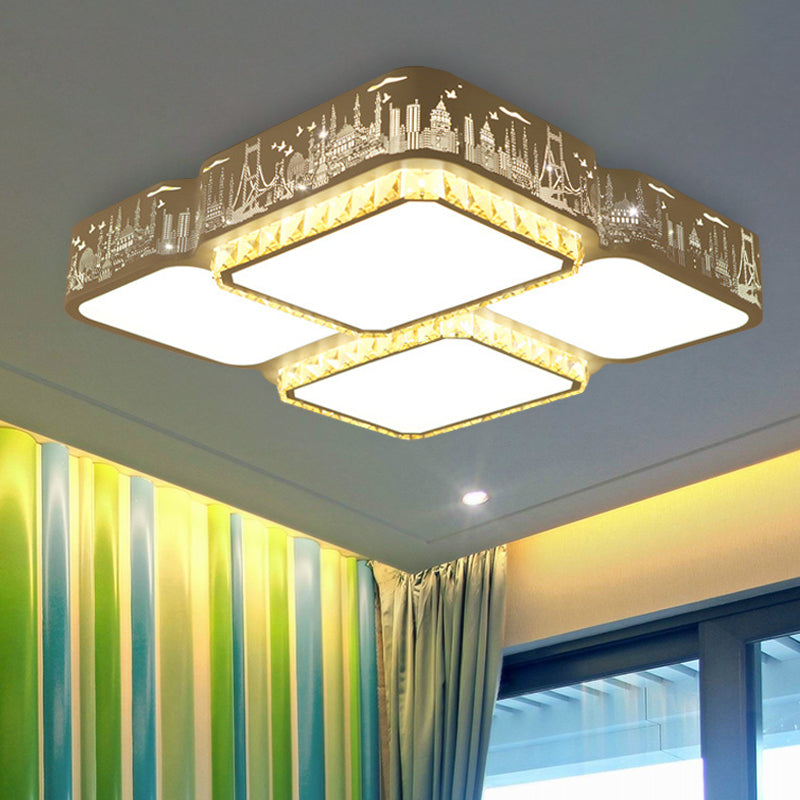Modern K9 Crystal LED Ceiling Light White Rectangle/Square Flush Mounted Light with Acrylic Shade in Warm Light/White Light/Remote Control Stepless Dimming, 21.5"/37.5" Wide Clearhalo 'Ceiling Lights' 'Close To Ceiling Lights' 'Close to ceiling' 'Flush mount' Lighting' 266675