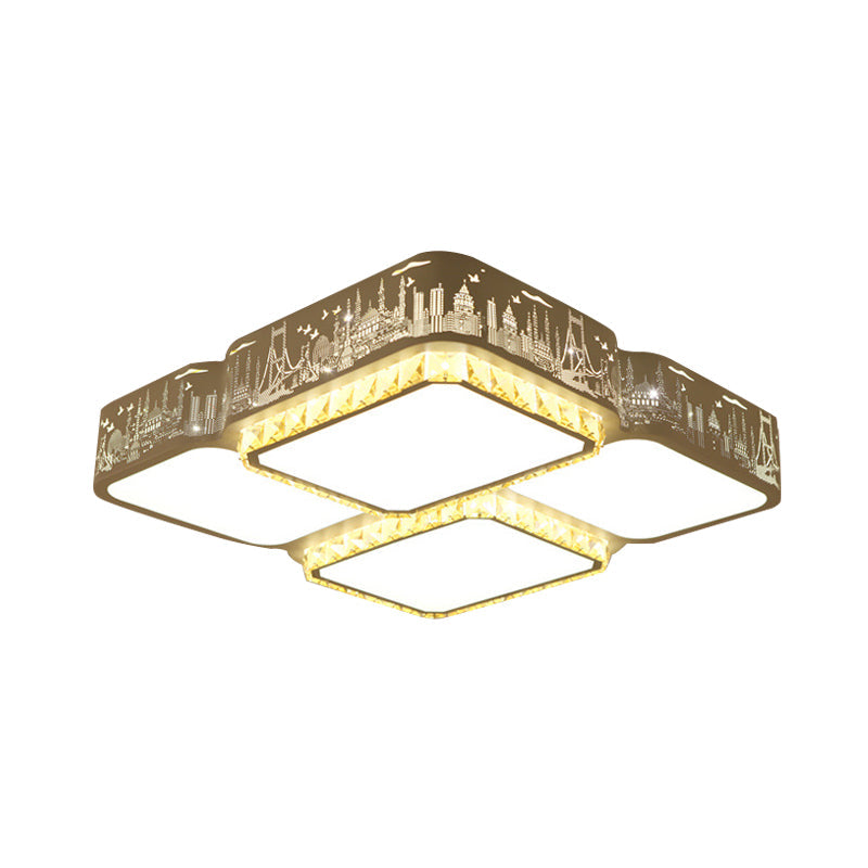 Modern K9 Crystal LED Ceiling Light White Rectangle/Square Flush Mounted Light with Acrylic Shade in Warm Light/White Light/Remote Control Stepless Dimming, 21.5"/37.5" Wide Clearhalo 'Ceiling Lights' 'Close To Ceiling Lights' 'Close to ceiling' 'Flush mount' Lighting' 266676