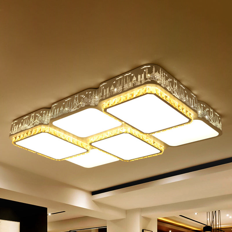 Modern K9 Crystal LED Ceiling Light White Rectangle/Square Flush Mounted Light with Acrylic Shade in Warm Light/White Light/Remote Control Stepless Dimming, 21.5"/37.5" Wide White 37.5" Warm Clearhalo 'Ceiling Lights' 'Close To Ceiling Lights' 'Close to ceiling' 'Flush mount' Lighting' 266678