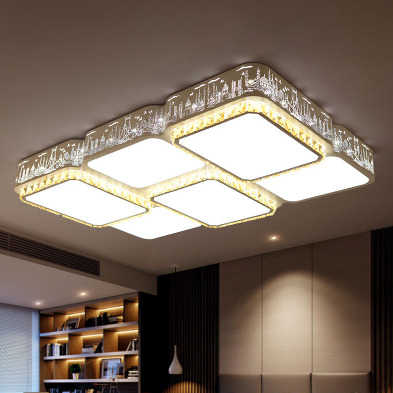 Modern K9 Crystal LED Ceiling Light White Rectangle/Square Flush Mounted Light with Acrylic Shade in Warm Light/White Light/Remote Control Stepless Dimming, 21.5"/37.5" Wide White 37.5" Clearhalo 'Ceiling Lights' 'Close To Ceiling Lights' 'Close to ceiling' 'Flush mount' Lighting' 266681