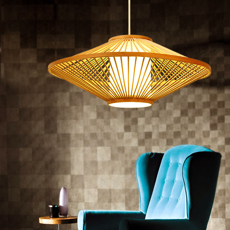 19.5"/23.5" Dia Saucer Suspended Lamp Modern Style Bamboo 1-Bulb Black/Beige Hanging Light Fixture for Living Room Clearhalo 'Ceiling Lights' 'Pendant Lights' 'Pendants' Lighting' 267240