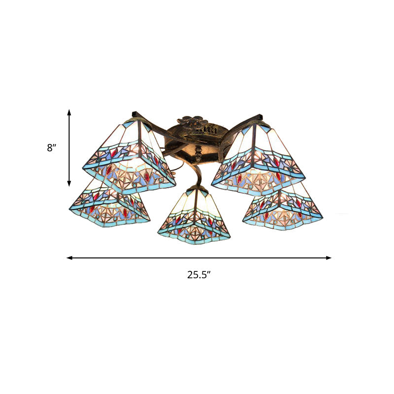 5 Heads Scalloped Ceiling Light Tiffany Stained Glass Semi Flush Light in Antique Bronze for Bedroom Clearhalo 'Ceiling Lights' 'Close To Ceiling Lights' 'Close to ceiling' 'Glass shade' 'Glass' 'Island Lights' 'Semi-flushmount' 'Tiffany close to ceiling' 'Tiffany' Lighting' 267348