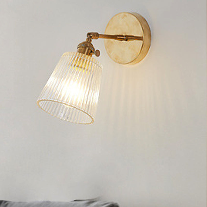 1 Light Clear Ribbed Glass Wall Sconce Light Industrial Brass Cone Living Room Lighting Fixture Clearhalo 'Cast Iron' 'Glass' 'Industrial wall lights' 'Industrial' 'Middle century wall lights' 'Modern' 'Tiffany' 'Traditional wall lights' 'Wall Lamps & Sconces' 'Wall Lights' Lighting' 267411