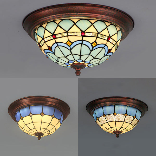 Industrial Vintage Dome Shape Flushmount Ceiling Light Stained Glass 1 Light Flush Mount Ceiling Fixture in White/Clear/Blue Clearhalo 'Ceiling Lights' 'Close To Ceiling Lights' 'Close to ceiling' 'Flush mount' Lighting' 26772