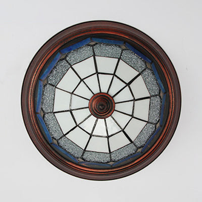 Industrial Vintage Dome Shape Flushmount Ceiling Light Stained Glass 1 Light Flush Mount Ceiling Fixture in White/Clear/Blue Clearhalo 'Ceiling Lights' 'Close To Ceiling Lights' 'Close to ceiling' 'Flush mount' Lighting' 26776