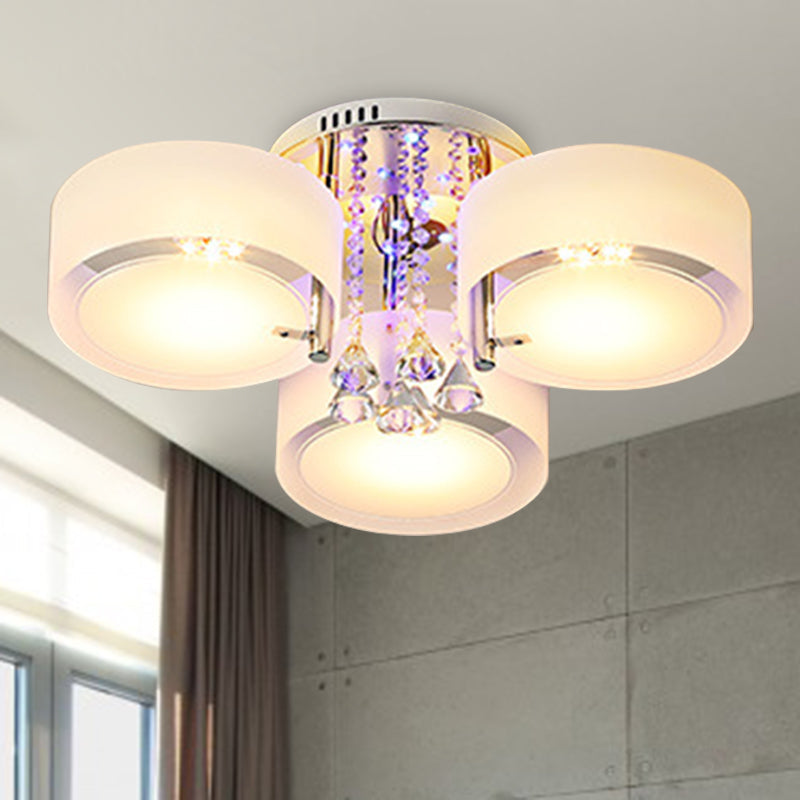 Drum Flush Mount Light Modern Frosted Glass 3/5/6 Heads White Ceiling Light with Crystal Drop Clearhalo 'Ceiling Lights' 'Close To Ceiling Lights' 'Close to ceiling' 'Flush mount' Lighting' 267777
