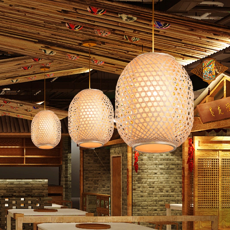 Lantern Suspension Pendant Retro Bamboo 1 Bulb Wood Hanging Light Kit with Inner Fabric Shade Clearhalo 'Ceiling Lights' 'Pendant Lights' 'Pendants' Lighting' 267820