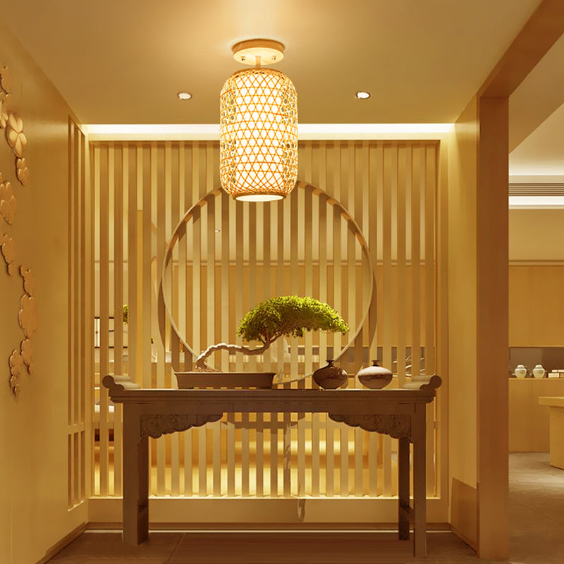 1 Bulb Cylinder/Basket/Cup/Dome Semi Flush Light Modernist Bamboo Ceiling Mounted Fixture in Wood for Living Room Clearhalo 'Ceiling Lights' 'Close To Ceiling Lights' 'Close to ceiling' 'Semi-flushmount' Lighting' 267944