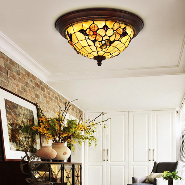 Beige Round Flushmount Light Lodge Stained Glass 1 Bulb Ceiling Light Fixture with Flower/Geometric/Gem/Leaf Pattern Beige Flower Clearhalo 'Ceiling Lights' 'Close To Ceiling Lights' 'Close to ceiling' 'Flush mount' Lighting' 26797