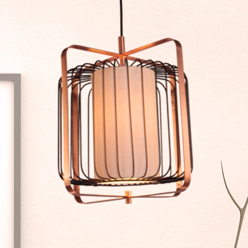 Cylinder/Barrel/Drum Cage Metal Pendant Light Fixture Vintage 1 Light Living Room Black Hanging Lighting with Inner Fabric Shade Clearhalo 'Ceiling Lights' 'Pendant Lights' 'Pendants' Lighting' 268704
