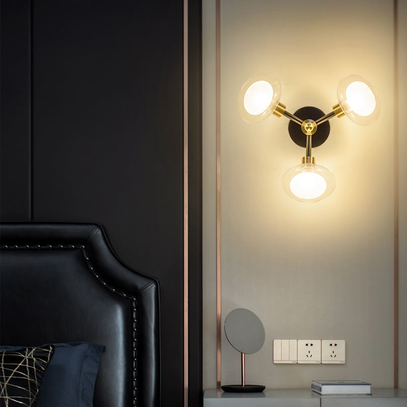 Spherical Sconce Light Contemporary Clear Glass 1/3-Light Black and Gold Wall Lamp Clearhalo 'Cast Iron' 'Glass' 'Industrial' 'Modern wall lights' 'Modern' 'Tiffany' 'Traditional wall lights' 'Wall Lamps & Sconces' 'Wall Lights' Lighting' 269745