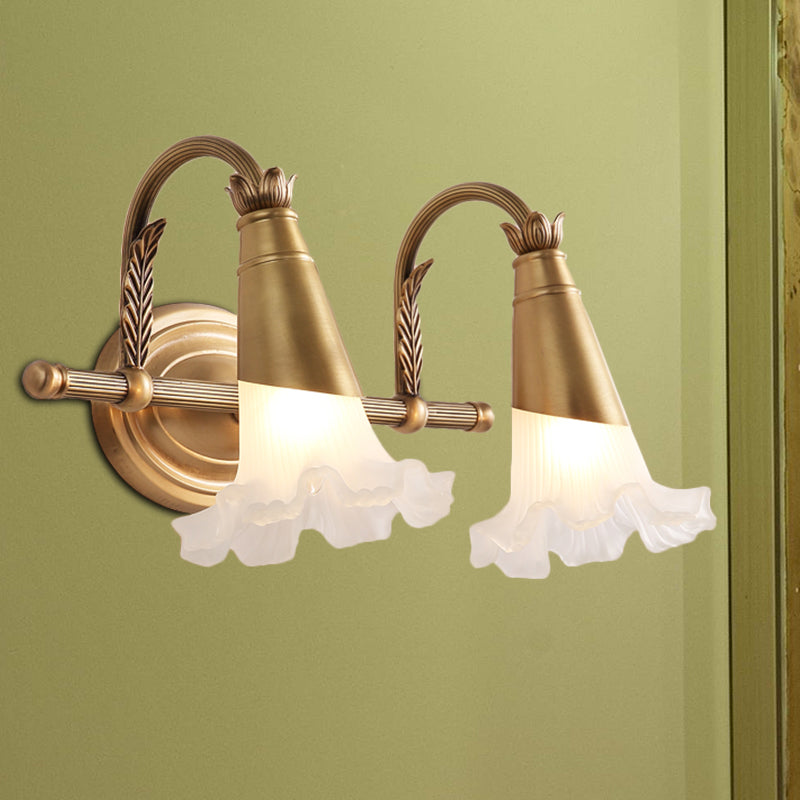 Traditional Style Flower Wall Lamp 1/2-Light Frosted Glass Wall Sconce in Gold for Bathroom 2.0 Gold Clearhalo 'Wall Lamps & Sconces' 'Wall Lights' Lighting' 269881