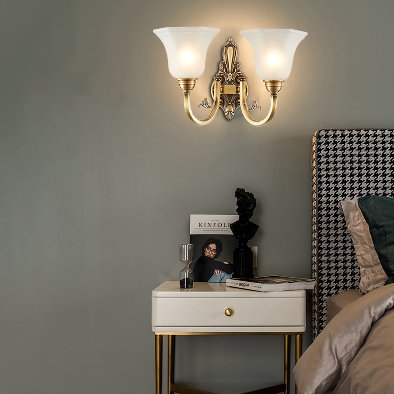 Vintage Curved Wall Mount Lamp 1/2-Head Brass Metallic Wall Sconce Light with White Glass Bell Shade Clearhalo 'Wall Lamps & Sconces' 'Wall Lights' Lighting' 270222