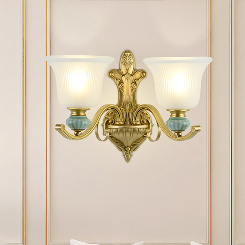 Modern Style Bell Wall Mount Light 1/2-Bulb Frosted Glass Wall Light with Golden Curved Arm and Ceramic Deco Clearhalo 'Wall Lamps & Sconces' 'Wall Lights' Lighting' 270232