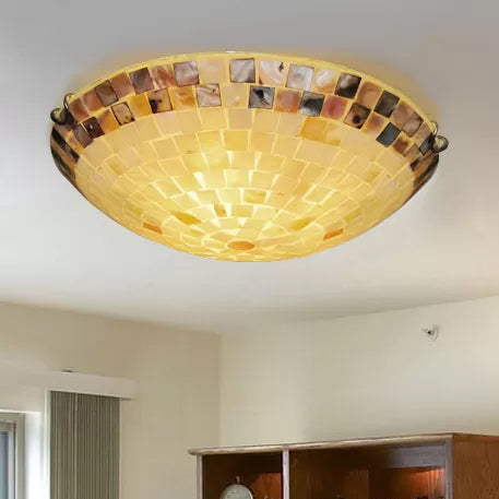 Beige Bowl Ceiling Light Vintage Mosaic Glass 1 Bulb 12"/16"/19.5" Wide Flush Mount Ceiling Light for Dining Room Clearhalo 'Ceiling Lights' 'Close To Ceiling Lights' 'Close to ceiling' 'Glass shade' 'Glass' 'Semi-flushmount' 'Tiffany close to ceiling' 'Tiffany' Lighting' 27026