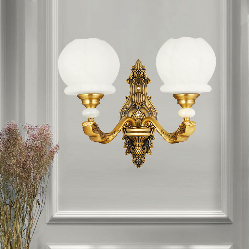 Cream Glass Global Wall Light Sconce Vintage Stylish 1/2-Bulb Living Room Wall Mount Lamp in Brass 2.0 Brass Clearhalo 'Wall Lamps & Sconces' 'Wall Lights' Lighting' 270359