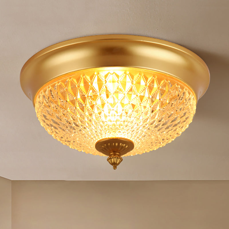 Dome Bedroom Flush Mount Light Colonial Lattice Glass 2 Bulbs Brass Close to Ceiling Lighting Fixture Clearhalo 'Ceiling Lights' 'Close To Ceiling Lights' 'Close to ceiling' 'Flush mount' Lighting' 270370