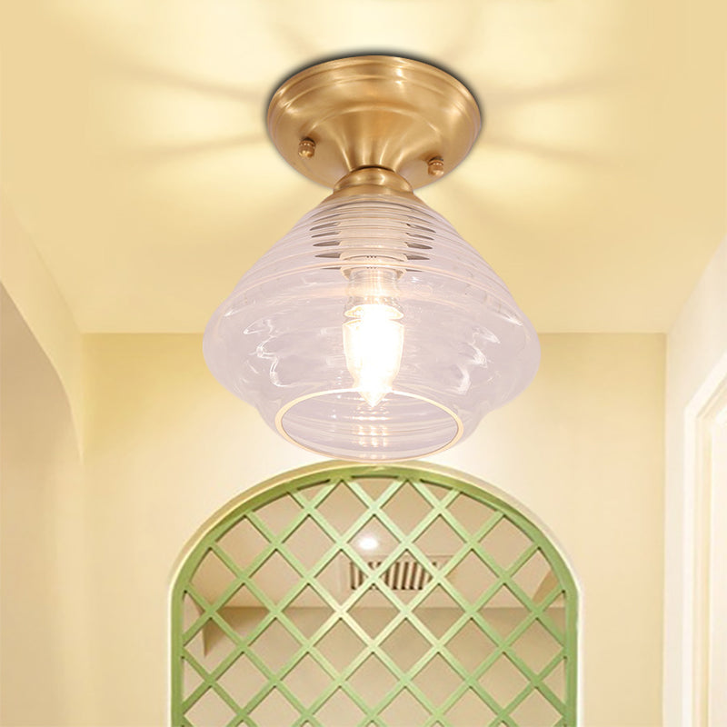 Clear Prismatic Glass Dome/Cone/Barn Ceiling Lighting Colonial 1 Head Porch Flush Mount Light Fixture in Brass, 6"/7.5"/11" W Brass 6" Clearhalo 'Ceiling Lights' 'Close To Ceiling Lights' 'Close to ceiling' 'Flush mount' Lighting' 270412