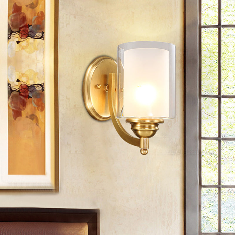 Cylindrical Indoor Wall Sconce Lighting Modern Style Double Glass 1/2-Head Brass Finish Wall Lamp for Bedroom 1.0 Brass Clearhalo 'Wall Lamps & Sconces' 'Wall Lights' Lighting' 270437