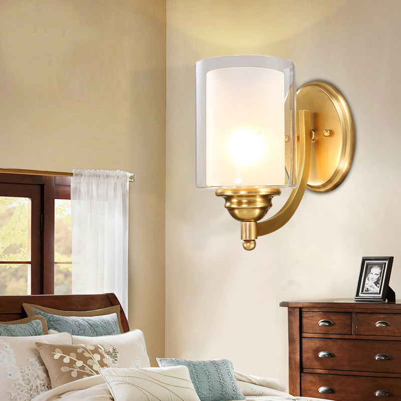 Cylindrical Indoor Wall Sconce Lighting Modern Style Double Glass 1/2-Head Brass Finish Wall Lamp for Bedroom Clearhalo 'Wall Lamps & Sconces' 'Wall Lights' Lighting' 270438