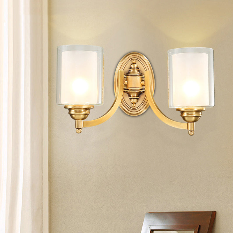 Cylindrical Indoor Wall Sconce Lighting Modern Style Double Glass 1/2-Head Brass Finish Wall Lamp for Bedroom 2.0 Brass Clearhalo 'Wall Lamps & Sconces' 'Wall Lights' Lighting' 270443