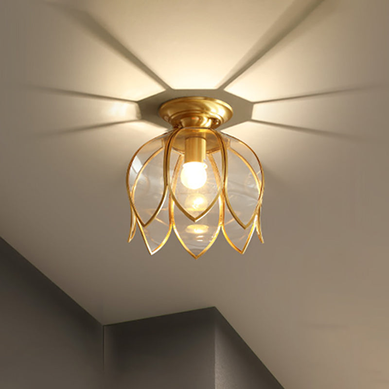 1 Bulb Lotus Ceiling Mount Colonial Brass Clear Glass Flush Light Fixture for Corridor Brass Clearhalo 'Ceiling Lights' 'Close To Ceiling Lights' 'Close to ceiling' 'Flush mount' Lighting' 270480
