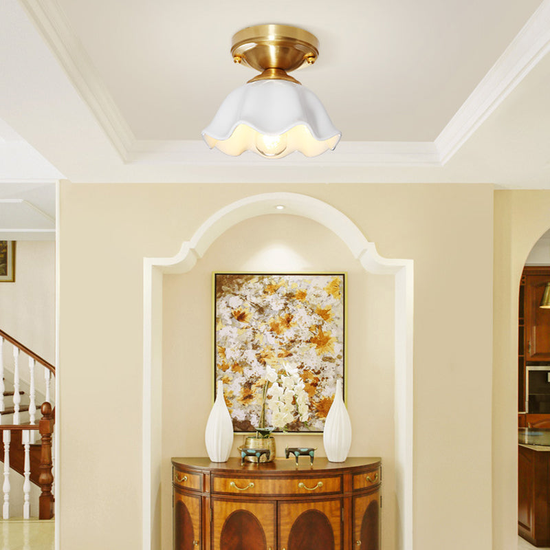Brass 1-Head Flush Mount Lamp Colonialism White Glass Scalloped Ceiling Fixture for Living Room Clearhalo 'Ceiling Lights' 'Close To Ceiling Lights' 'Close to ceiling' 'Flush mount' Lighting' 270492