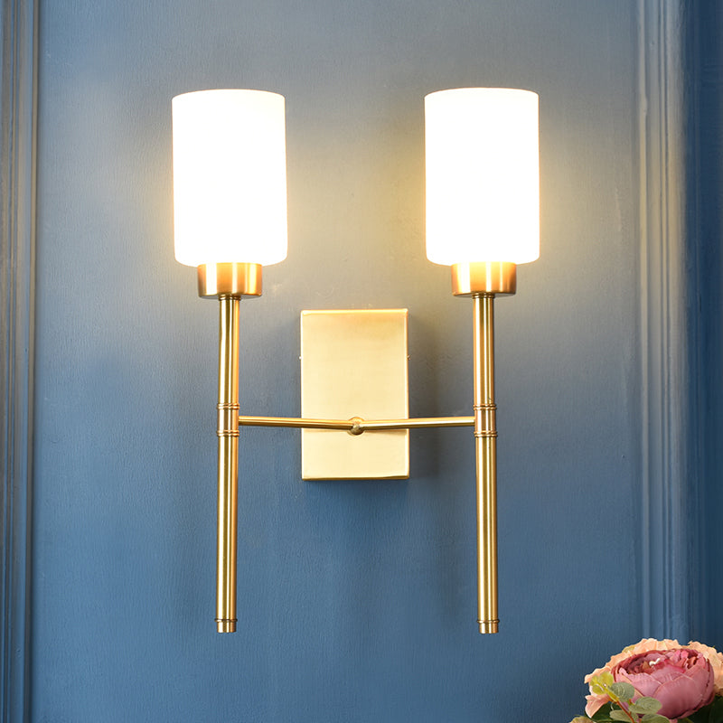 Cylinder Bedroom Wall Light Sconce Modernist Style White Glass 1/2-Head Brass Finish Wall Lamp with Pencil Arm 2.0 Brass Clearhalo 'Wall Lamps & Sconces' 'Wall Lights' Lighting' 270574