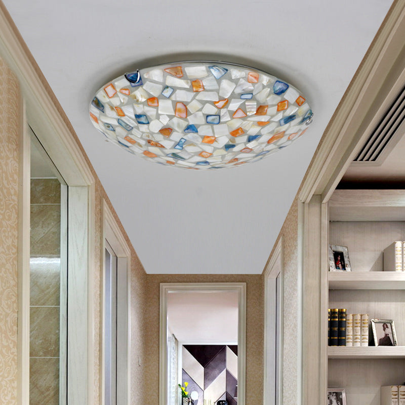 12"/16" W Colorful Bowl Ceiling Light Vintage Mosaic Glass 1 Bulb Flush Mount Ceiling Light in White White Clearhalo 'Ceiling Lights' 'Close To Ceiling Lights' 'Close to ceiling' 'Semi-flushmount' 'Tiffany close to ceiling' 'Tiffany' Lighting' 27066