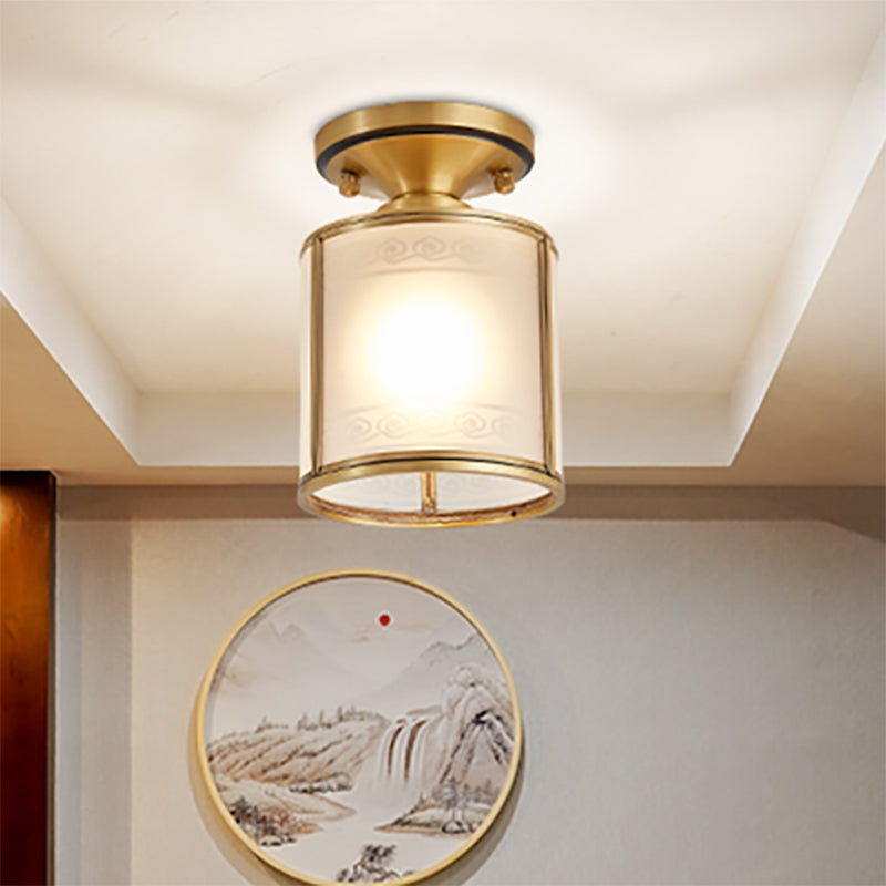 Colonial Cylinder Ceiling Light Fixture 1 Bulb White Glass Flush Mount Lighting in Brass Brass A Clearhalo 'Ceiling Lights' 'Close To Ceiling Lights' 'Close to ceiling' 'Glass shade' 'Glass' 'Semi-flushmount' Lighting' 270673