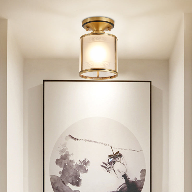 Colonial Cylinder Ceiling Light Fixture 1 Bulb White Glass Flush Mount Lighting in Brass Clearhalo 'Ceiling Lights' 'Close To Ceiling Lights' 'Close to ceiling' 'Glass shade' 'Glass' 'Semi-flushmount' Lighting' 270675