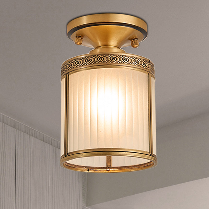 Colonial Cylinder Ceiling Light Fixture 1 Bulb White Glass Flush Mount Lighting in Brass Brass B Clearhalo 'Ceiling Lights' 'Close To Ceiling Lights' 'Close to ceiling' 'Glass shade' 'Glass' 'Semi-flushmount' Lighting' 270678