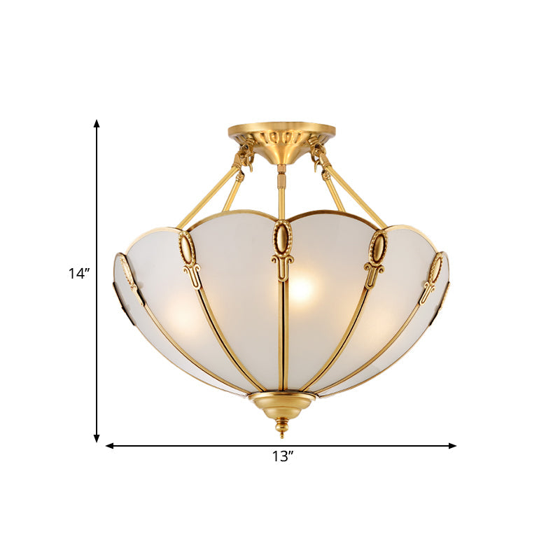 3/4 Bulbs Scalloped Ceiling Flush Mount Colonial Brass Satin Opal Glass Semi Mount Lighting for Living Room, 13"/17" W Clearhalo 'Ceiling Lights' 'Close To Ceiling Lights' 'Close to ceiling' 'Glass shade' 'Glass' 'Semi-flushmount' Lighting' 270747
