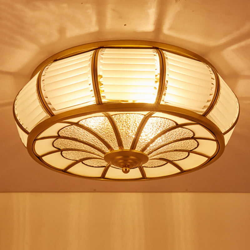14"/16.5" W Cream Glass Drum Ceiling Lighting Colonial 3/4 Heads Bedroom Flush Mount Fixture in Brass Clearhalo 'Ceiling Lights' 'Close To Ceiling Lights' 'Close to ceiling' 'Flush mount' Lighting' 270935