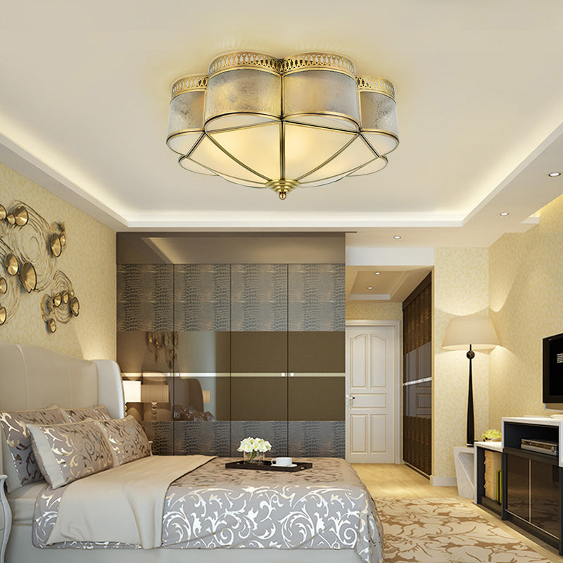 Curved Frosted Glass Brass Ceiling Flush Scallop 2 Heads Colonialist Flush Mount Lamp for Bedroom Clearhalo 'Ceiling Lights' 'Close To Ceiling Lights' 'Close to ceiling' 'Flush mount' Lighting' 271033