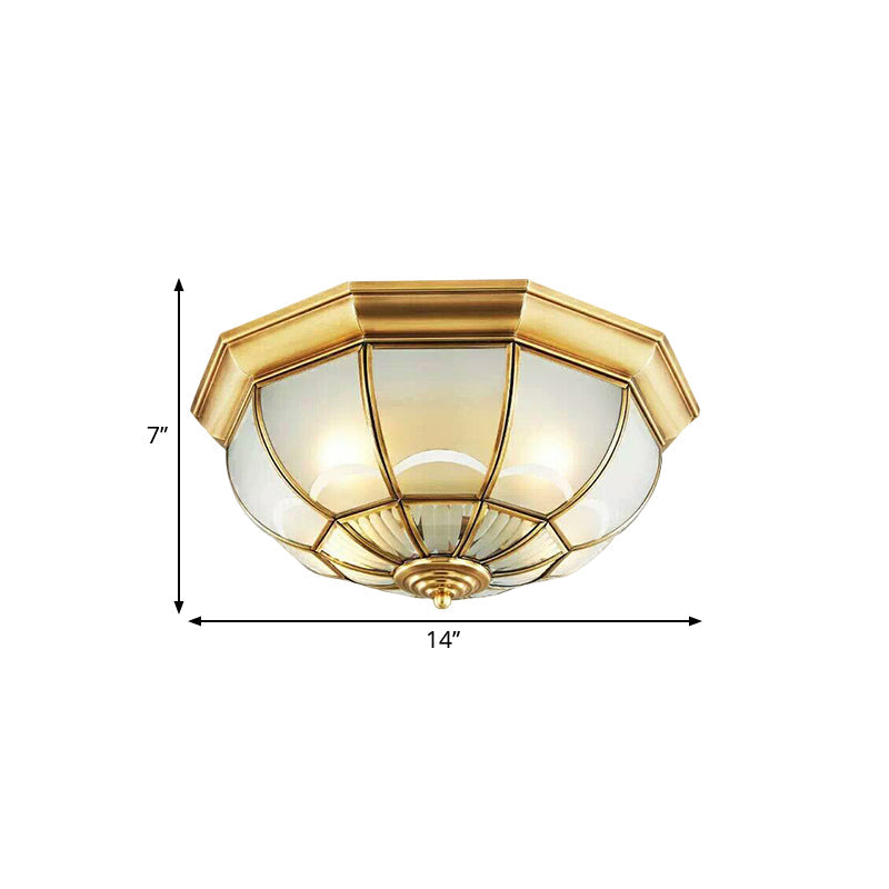 Frosted Glass Brass Ceiling Flush Dome 3/4/6 Heads Colonialist Flush Mount Lamp for Bedroom, 14"/18"/23.5" W Clearhalo 'Ceiling Lights' 'Close To Ceiling Lights' 'Close to ceiling' 'Flush mount' Lighting' 271158
