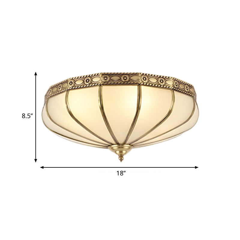 Brass 4 Heads Flush Mount Lamp Colonialism Sandblasted Glass Crown/Bowl/Drum Ceiling Fixture for Living Room Clearhalo 'Ceiling Lights' 'Close To Ceiling Lights' 'Close to ceiling' 'Flush mount' Lighting' 271282