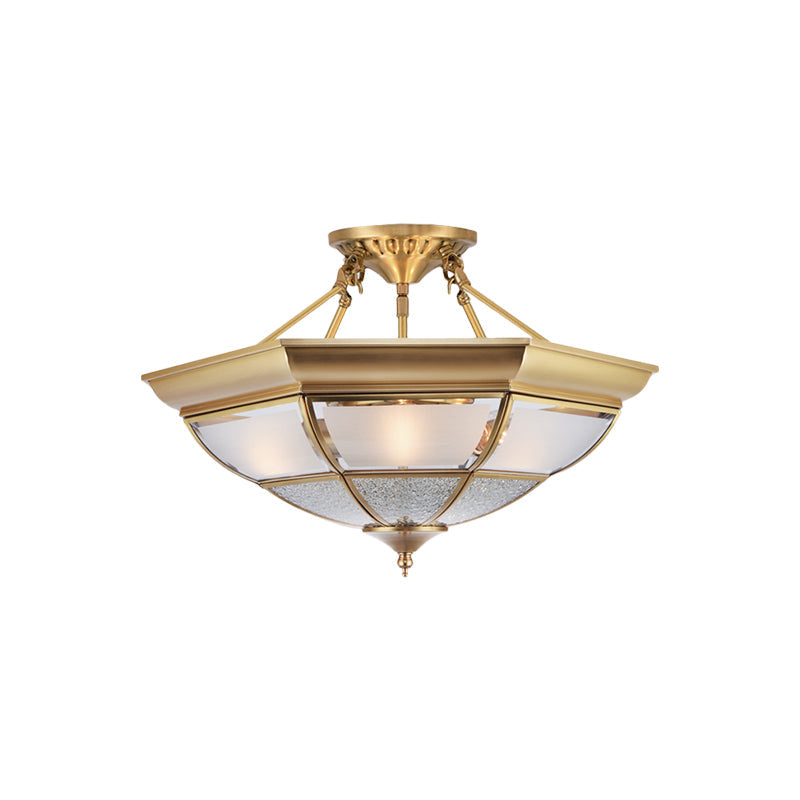 3/4-Light White Glass Semi Flush Colonialist Brass Inverted Living Room Close to Ceiling Lighting, 16"/19.5" W Clearhalo 'Ceiling Lights' 'Close To Ceiling Lights' 'Close to ceiling' 'Glass shade' 'Glass' 'Semi-flushmount' Lighting' 271454