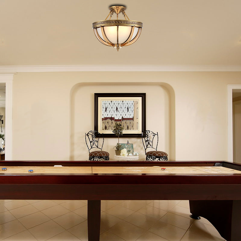 16.5"/20.5" W Ivory Glass Bowl Ceiling Lighting Colonial 3/4 Heads Living Room Semi Flush Mount Light Fixture in Brass Clearhalo 'Ceiling Lights' 'Close To Ceiling Lights' 'Close to ceiling' 'Glass shade' 'Glass' 'Semi-flushmount' Lighting' 271467