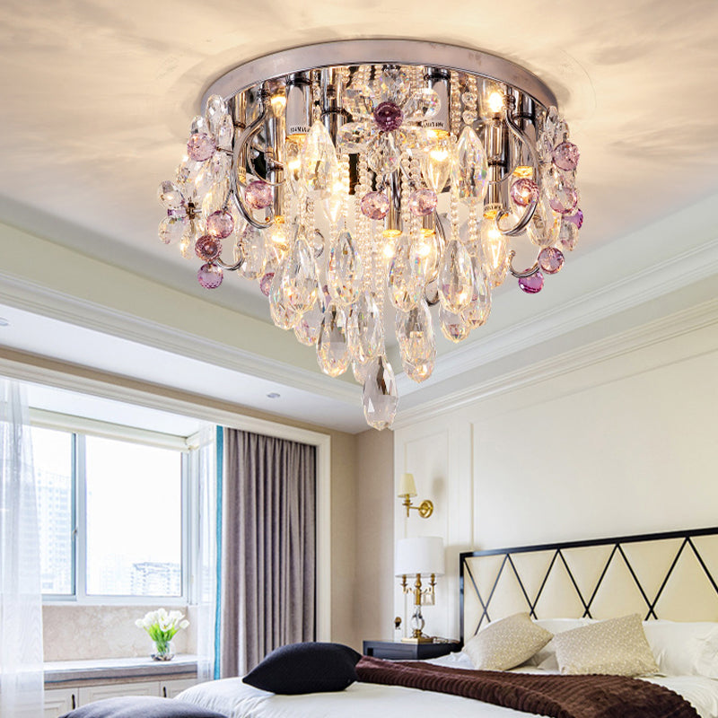 Teardrop Flushmount Modernist Crystal 6/9 Heads Stainless-Steel Ceiling Light Fixture, 19"/25.5" Wide Clearhalo 'Ceiling Lights' 'Close To Ceiling Lights' 'Close to ceiling' 'Flush mount' Lighting' 271682